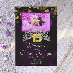 Black, Gold, Violet Quinceanera Tiara Invitation