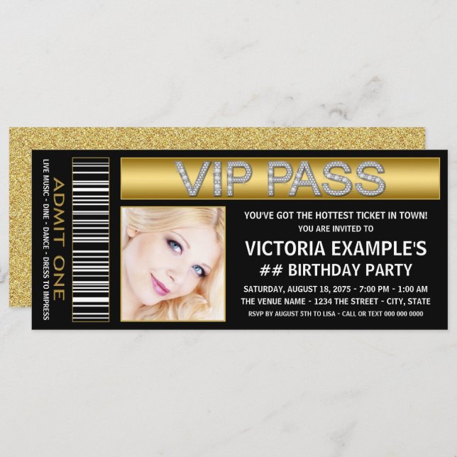 Black Gold VIP Pass Ticket Birthday Party Invitation (Front/Back)