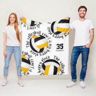 black gold volleyball court happy place typography fleece blanket