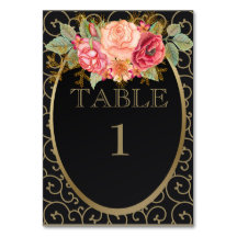 Black Gold w/ Pink Red Roses Reception Place Card