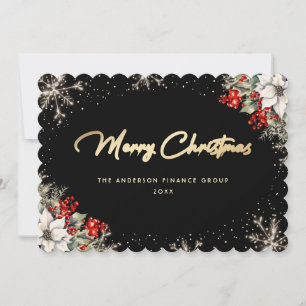 Black Gold Watercolor Botanical Business Christmas Holiday Card