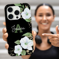 Black Gold Watercolor Floral Monogram Script Chic