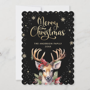 Black Gold Watercolor Reindeer Snow Christmas Card
