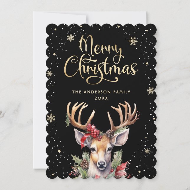 Black Gold Watercolor Reindeer Snow Christmas Card (Front)