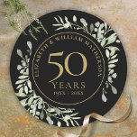 Black Gold Watercolour Greenery 50th Anniversary Classic Round Sticker<br><div class="desc">Featuring delicate soft watercolour country garden greenery,  this chic botanical 50th wedding anniversary design can be personalised with your special fiftieth-anniversary details in elegant gold text. Designed by Thisisnotme©</div>