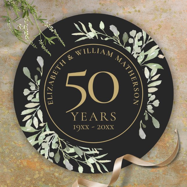Black Gold Watercolour Greenery 50th Anniversary Classic Round Sticker (Black Gold Watercolour Greenery 50th Anniversary Classic Round Sticker)