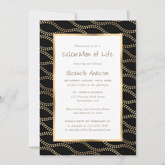 Black Gold Waves Celebration of Life Invitation (Front)
