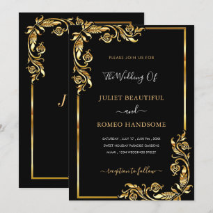 Black Gold Wedding Invitation Golden Floral Framed