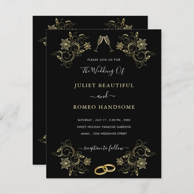 Black Gold Wedding Invitation Ring and Champagne (Front/Back)