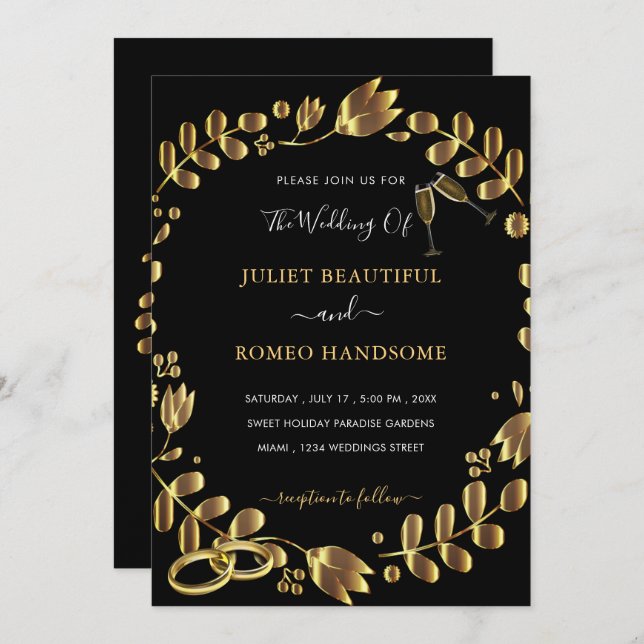 Black Gold Wedding Invitation Template (Front/Back)