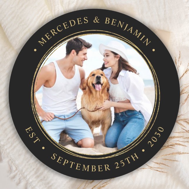 Black Gold Wedding Personalised Photo Classic Round Sticker (Creator Uploaded)