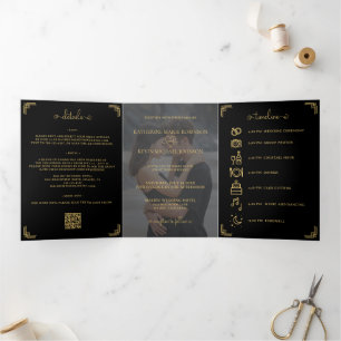 Black Gold Wedding Photo Elegant QR Code Gatefold Tri-Fold Invitation