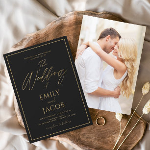 Black Gold Wedding Photo Picture Typography Invitation