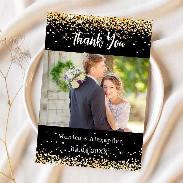 Black gold wedding photo thank you card (Creator Uploaded)
