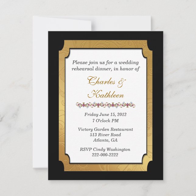 Black & Gold Wedding Rehearsal Dinner Invitation (Front)