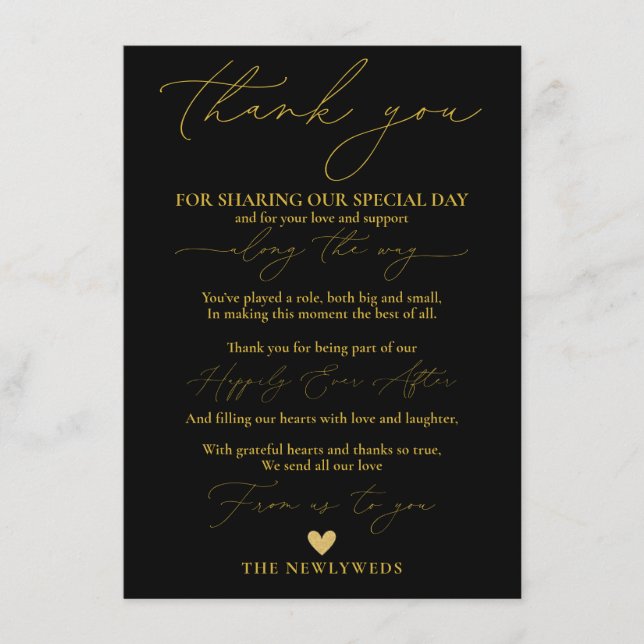 Black Gold Wedding Thank You Place Setting Menu (Front)