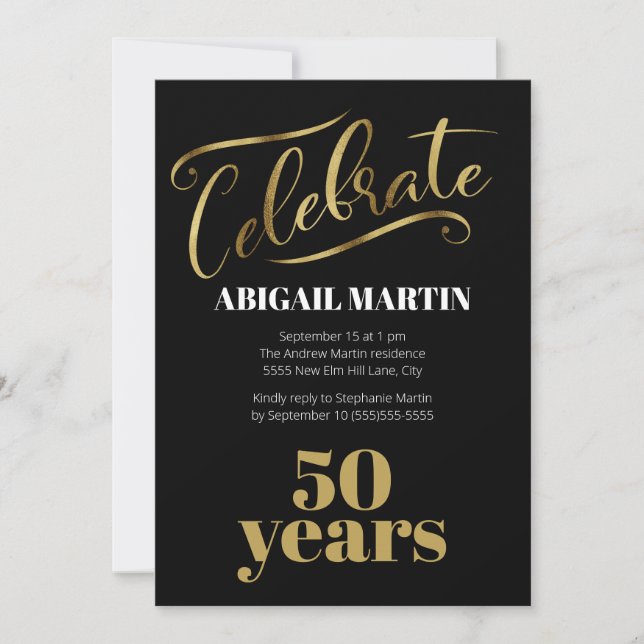 Black Gold White 50th Birthday Party Invitation (Front)