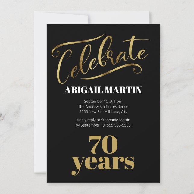 Black Gold White 70th Birthday Party Invitation (Front)