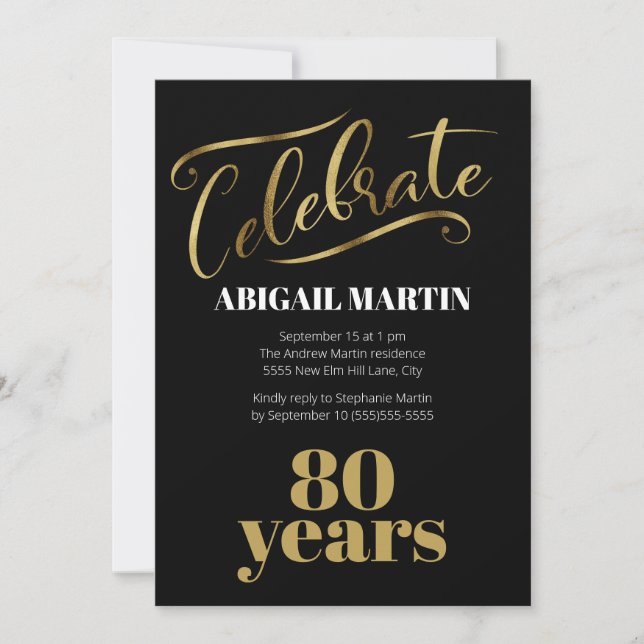 Black Gold White 80th Birthday Party Invitation (Front)