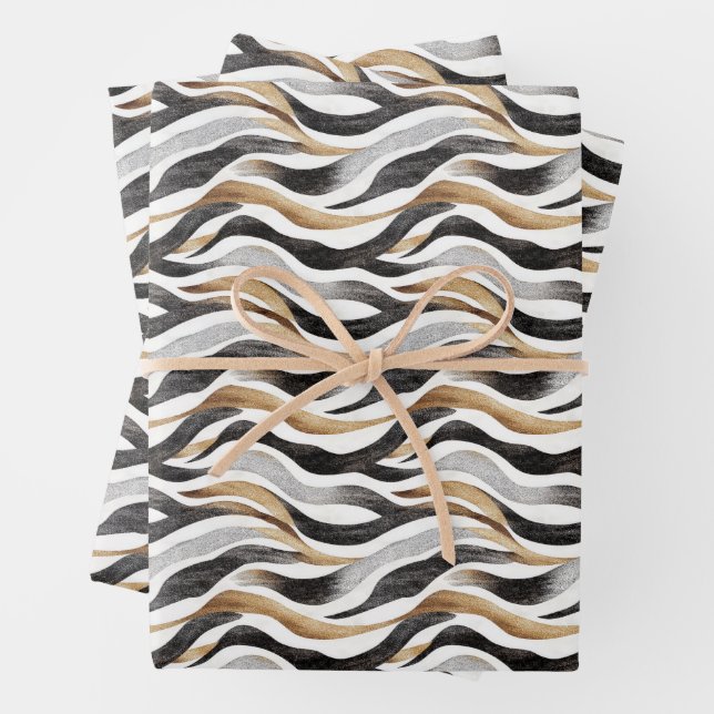 Black / Gold / White Abstract Lines Wrapping Paper Sheet (In situ)