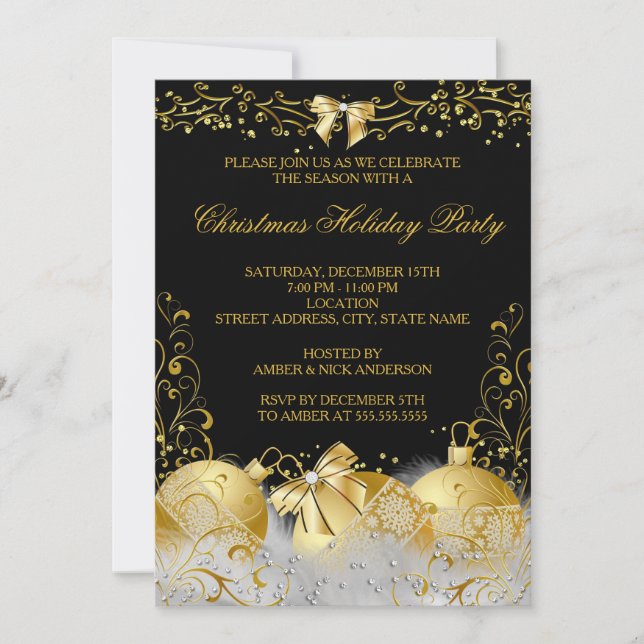Black Gold White Bauble Christmas Holiday Party Invitation (Front)