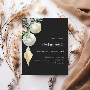 Black gold white bauble Christmas Party invitation