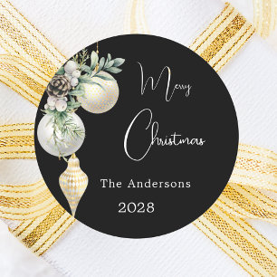 Black gold white baubles Christmas Classic Round Sticker