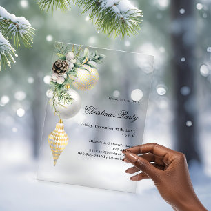 Black gold white baubles Christmas Party frosted Acrylic Invitations
