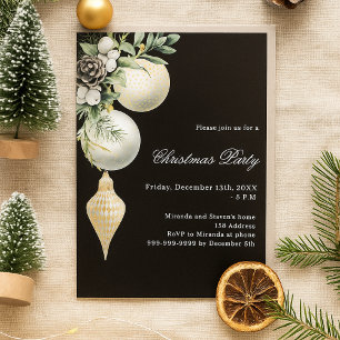 Black gold white baubles Christmas Party Invitation