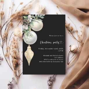 Black gold white baubles Christmas Party Invitation