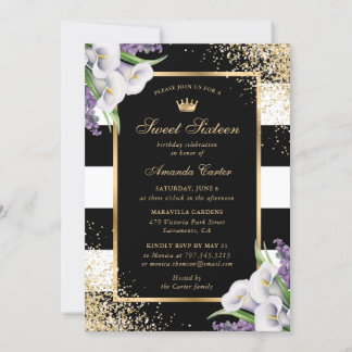Black Gold White Calla Lily Sweet 16 Birthday Invitation