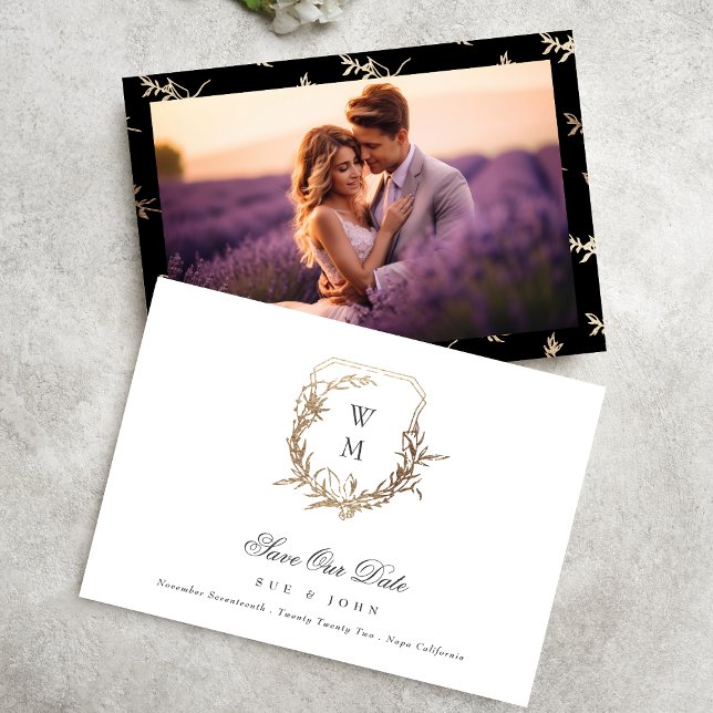 Black Gold White Classic Monogram Crest Wedding Save The Date (Creator Uploaded)