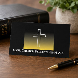 Black Gold White Cross Outline Church Pastor Business Card