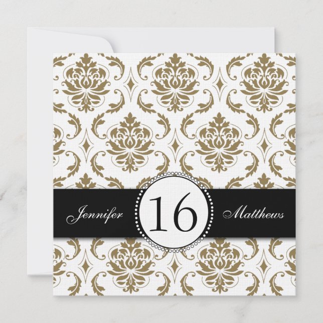 Black Gold White Damask Sweet Sixteen Invitations (Front)
