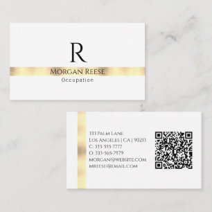 Black Gold White Design, QR Code, Name & Monogram Business Card