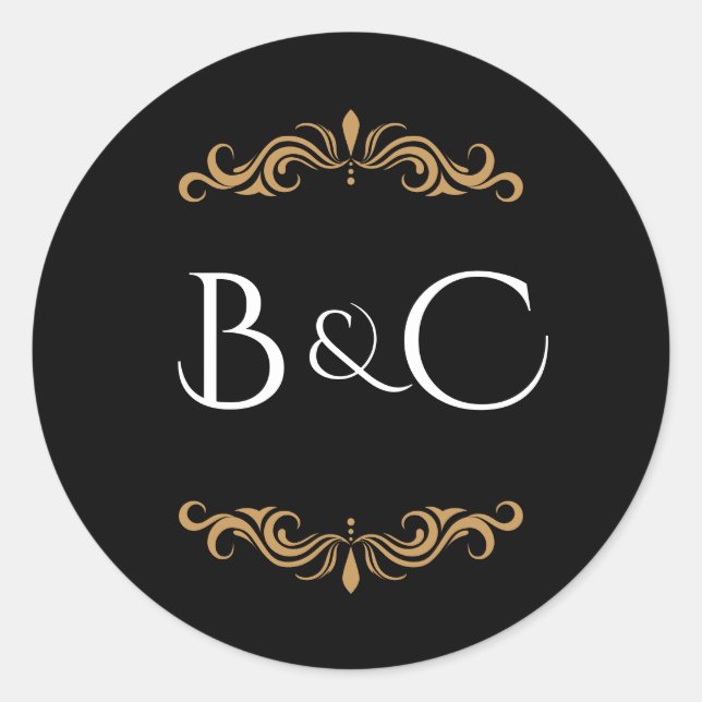 Black, Gold, & White Elegant Wedding Theme Classic Round Sticker (Front)