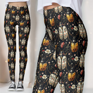 Black Gold White Floral Beetle Botanical Leggings