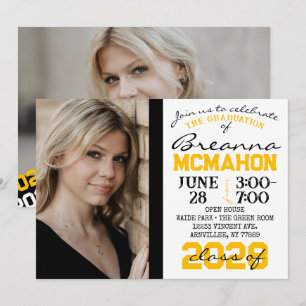 Black, Gold & White Graduation 2 Photo Invitation