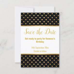 BLACK GOLD WHITE HEART PATTERN SAVE THE DATE RSVP CARD