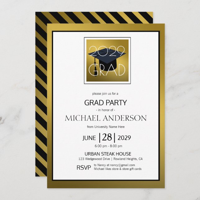 Black Gold White Male Graduate Graduation Party Invitation (Front/Back)