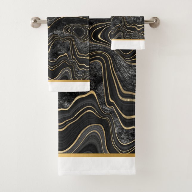 BLACK GOLD WHITE MARBLE BATHROOM TOWEL SET (Insitu)