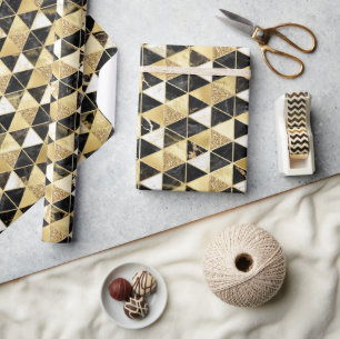 Black, Gold & White Marble Texture Geometric Wrapping Paper