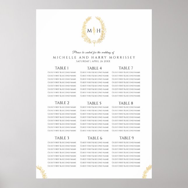 Black gold white oval wreath wedding seating chart (Front)