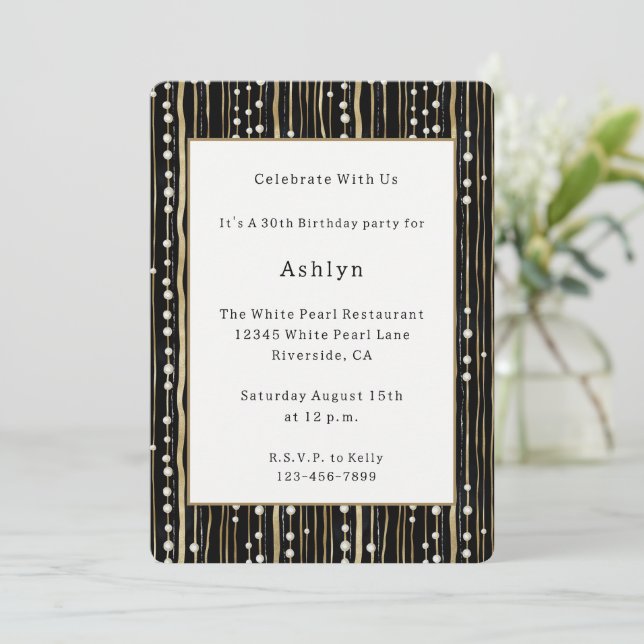 Black Gold White Pearls Birthday Invitation (Standing Front)