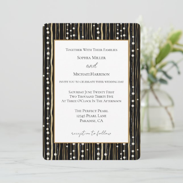 Black Gold White Pearls Wedding Invitation (Standing Front)