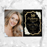 Black Gold White Photo 50th Birthday Invitation<br><div class="desc">Elegant floral 50th birthday invitation with your photo. Glam black white design with faux glitter gold. Features white roses, script font and confetti. Perfect for a stylish adult bday celebration party. Personalise with your own details. Can be customised for any age! Printed Zazzle invitations or instant download digital printable template....</div>