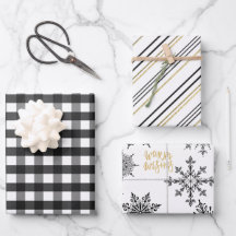 Black, Gold & White Plaid, Stripes and Snowflakes 
