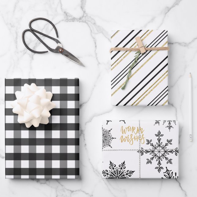 Black, Gold & White Plaid, Stripes and Snowflakes  Wrapping Paper Sheet (Front)