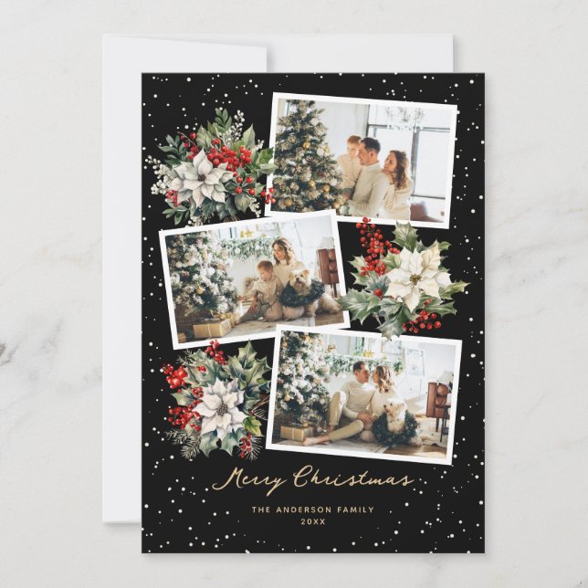Black Gold White Poinsettia Photo Merry Christmas Holiday Card (Front)