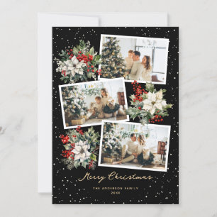 Black Gold White Poinsettia Photo Merry Christmas Holiday Card